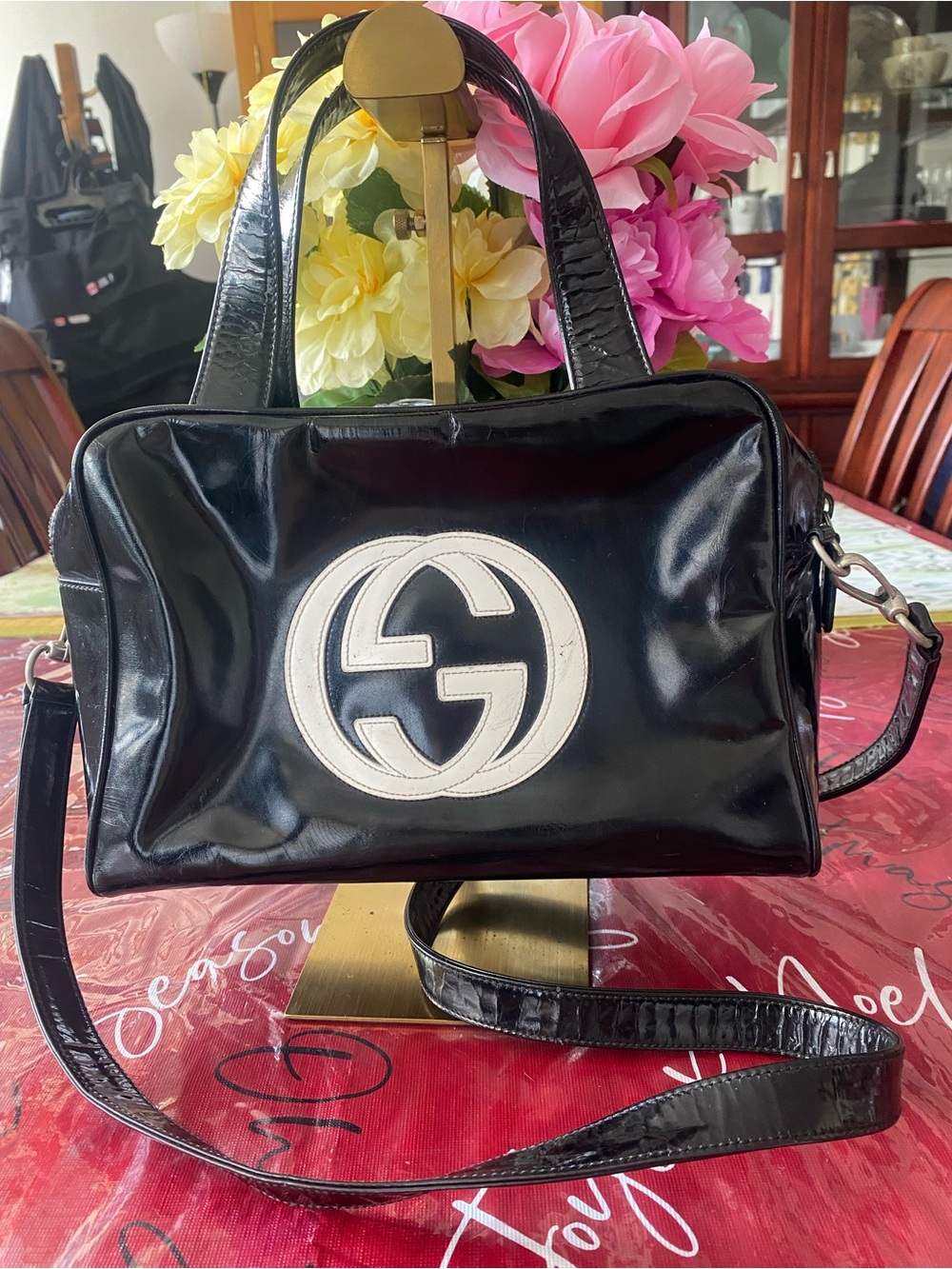 Gucci Black Patent Crossbody with White Logo Patch 2 way